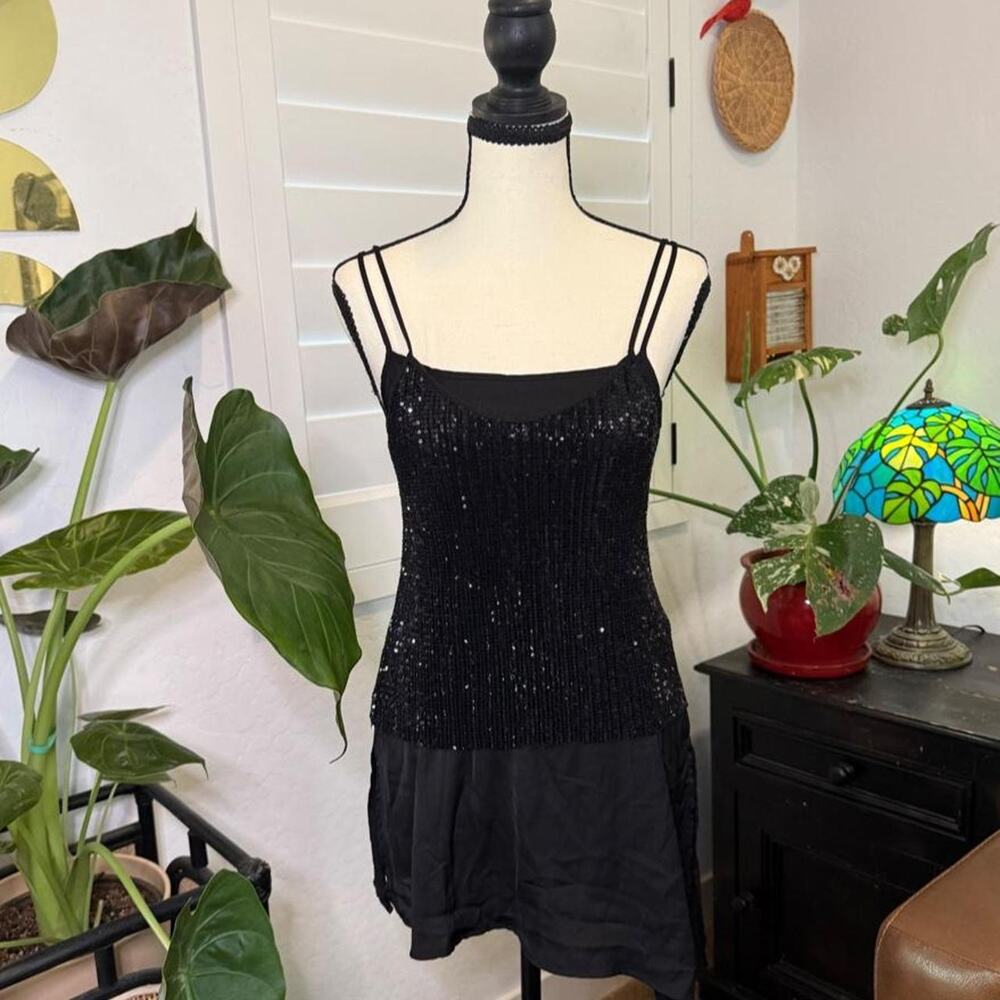 Zara Black Sequin Metallic Tunic Top Y2K Indie Sleaze Layered Asymmetrical Hem